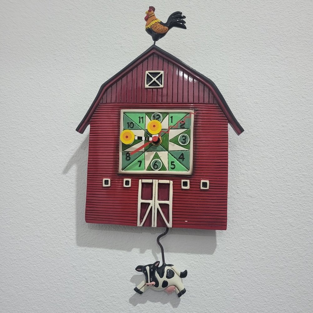 Allen Designs Red Barn Yard Wall Clock Cow Shaped Swinging Pendulum